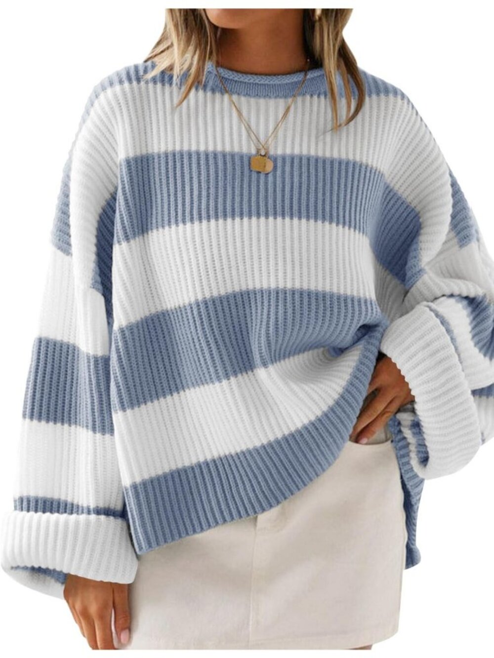 Women's Blue Fall Winter Oversized Striped Knit Fashion Long Sleeve Sweaters